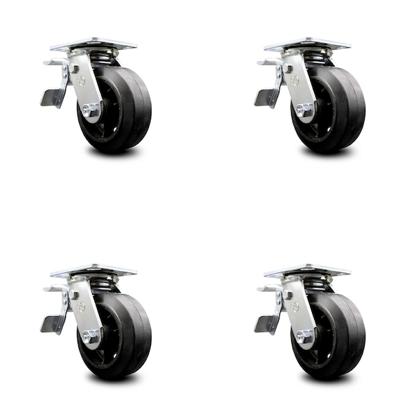 5 Inch Rubber on Steel Caster Set with Ball Bearing and Total Lock Brake SCC